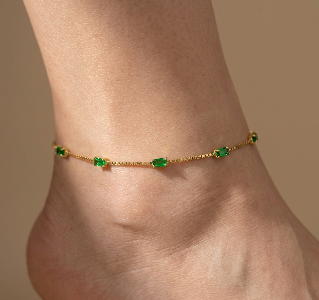 Anti Tarnish Anklet Emerald Crystal Charms 18K Gold Plated