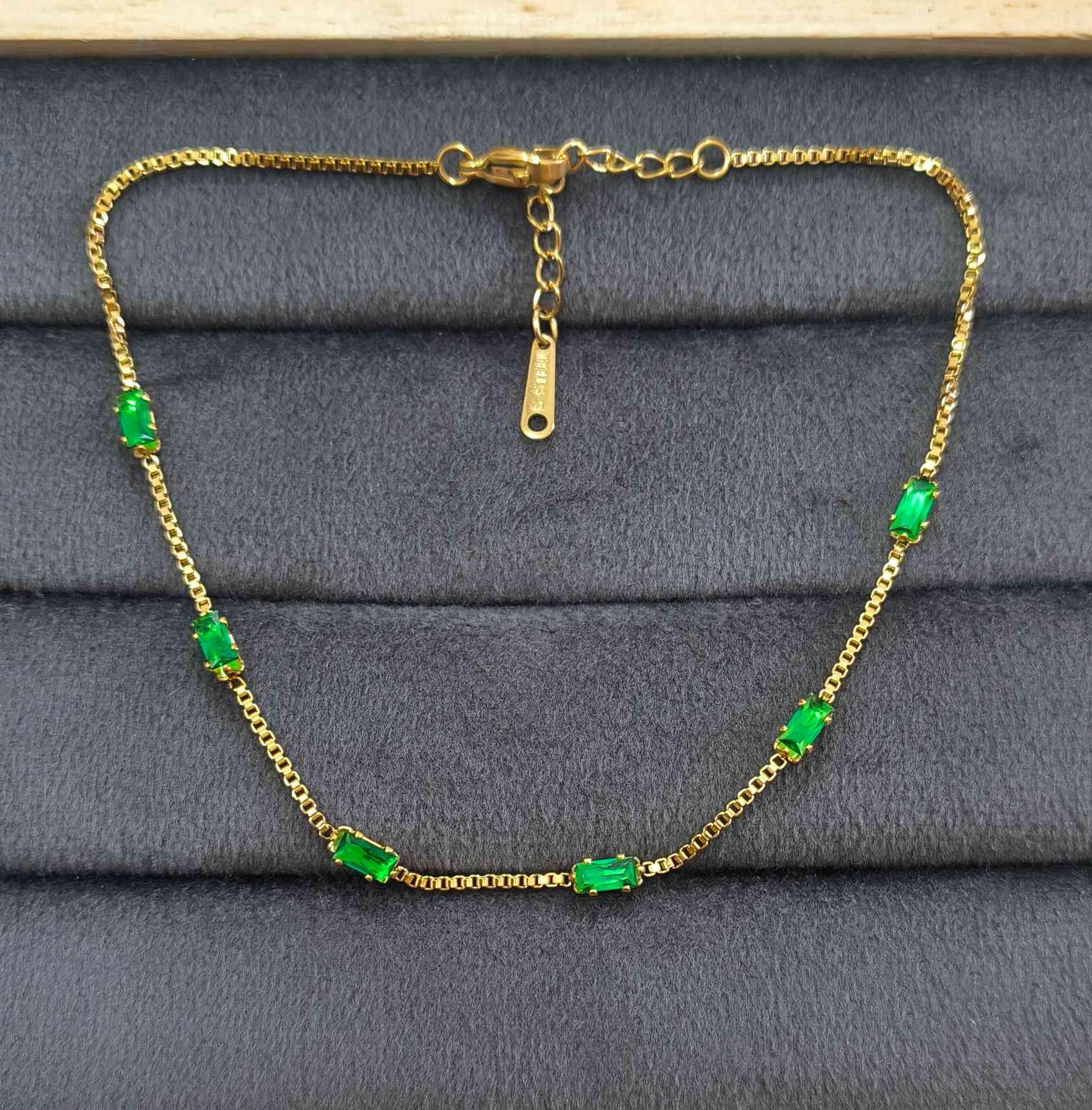 Anti Tarnish Anklet Emerald Crystal Charms 18K Gold Plated
