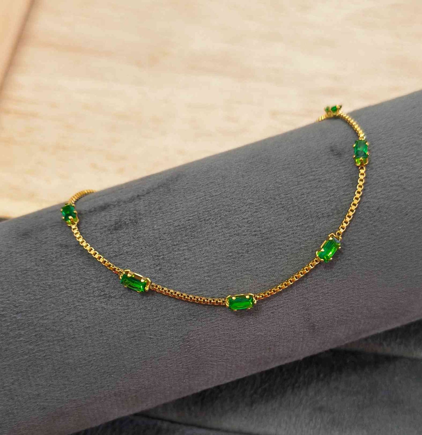 Anti Tarnish Anklet Emerald Crystal Charms 18K Gold Plated