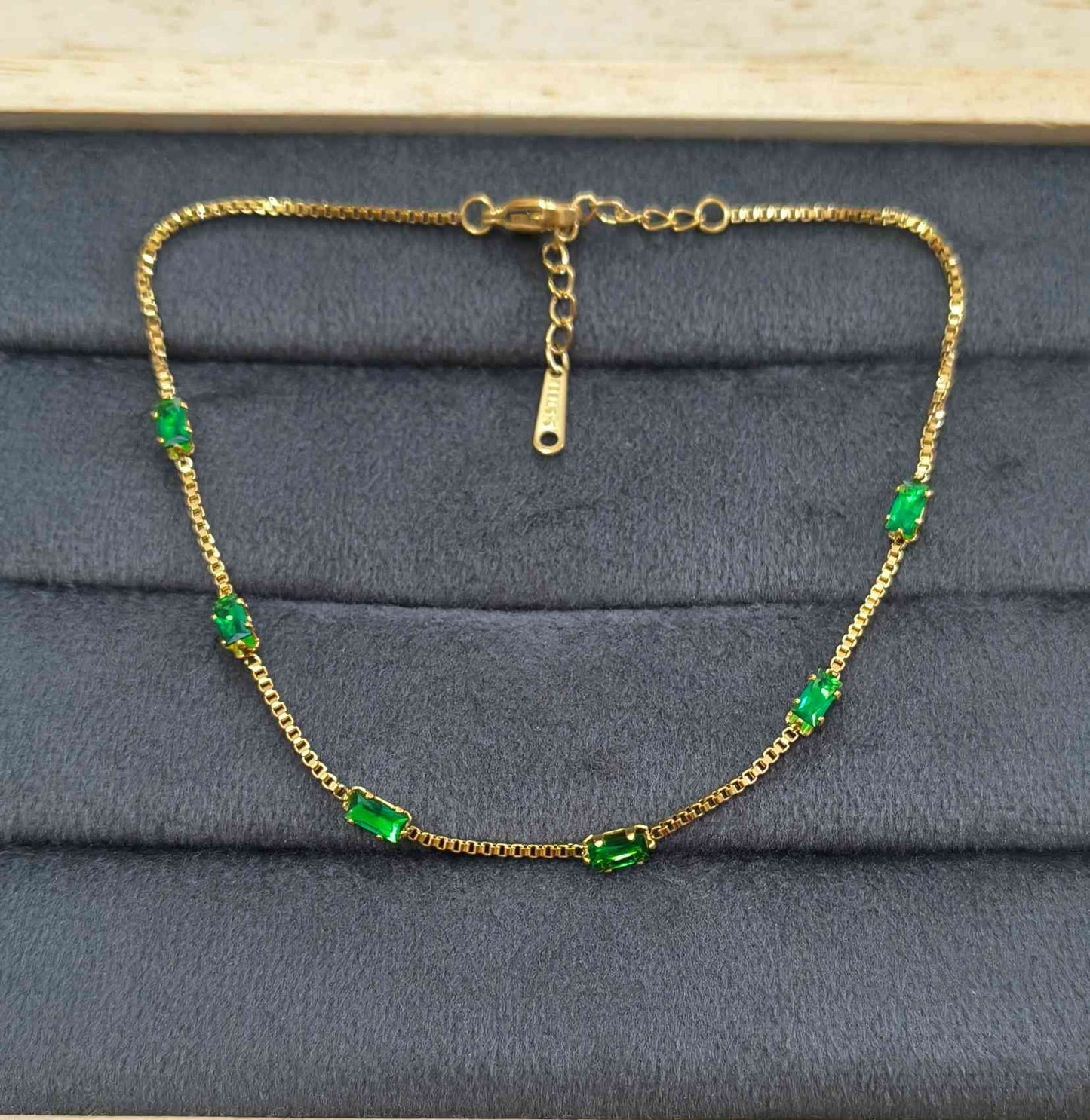 Anti Tarnish Anklet Emerald Crystal Charms 18K Gold Plated