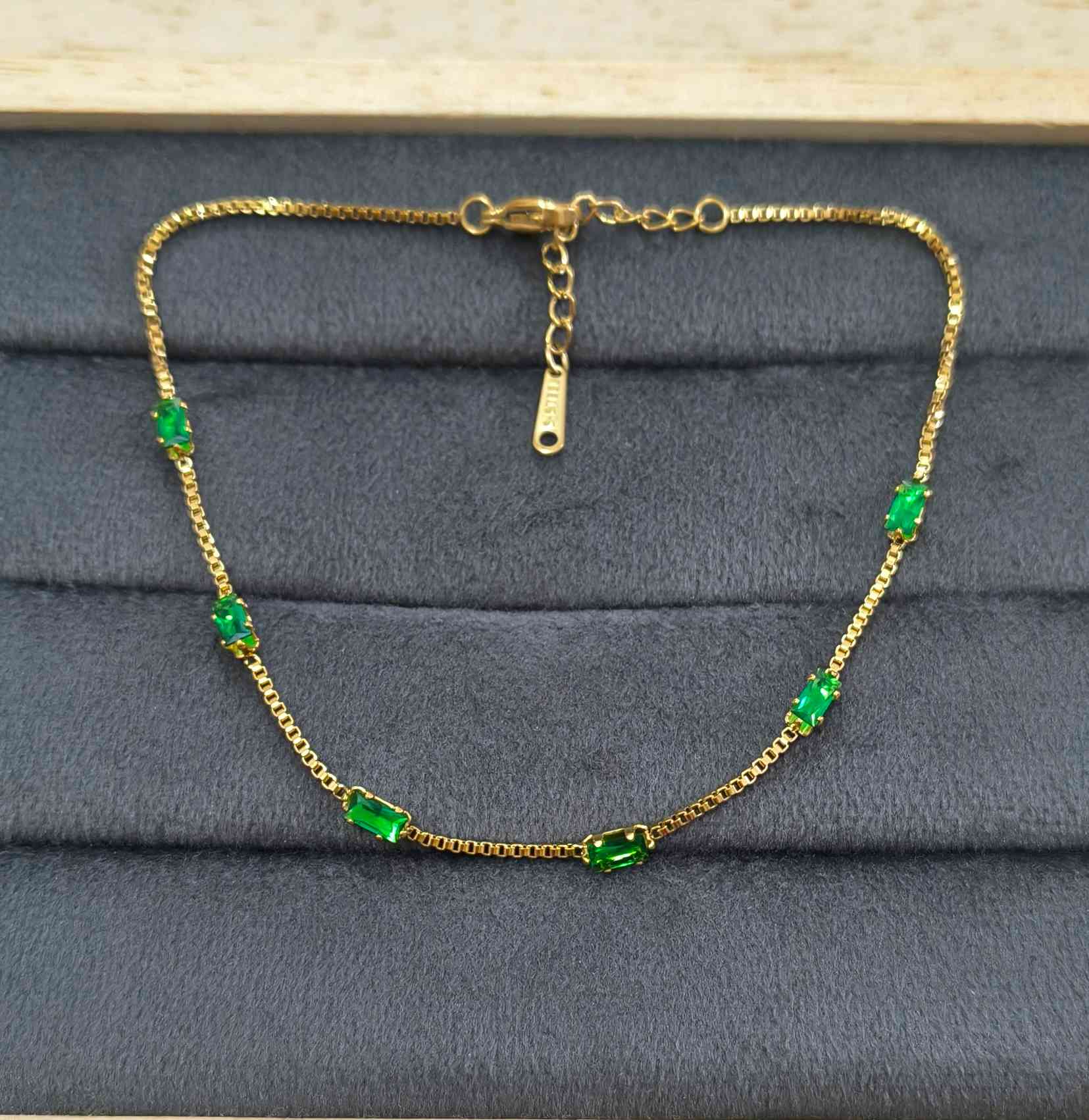 Anti Tarnish Anklet Emerald Crystal Charms 18K Gold Plated