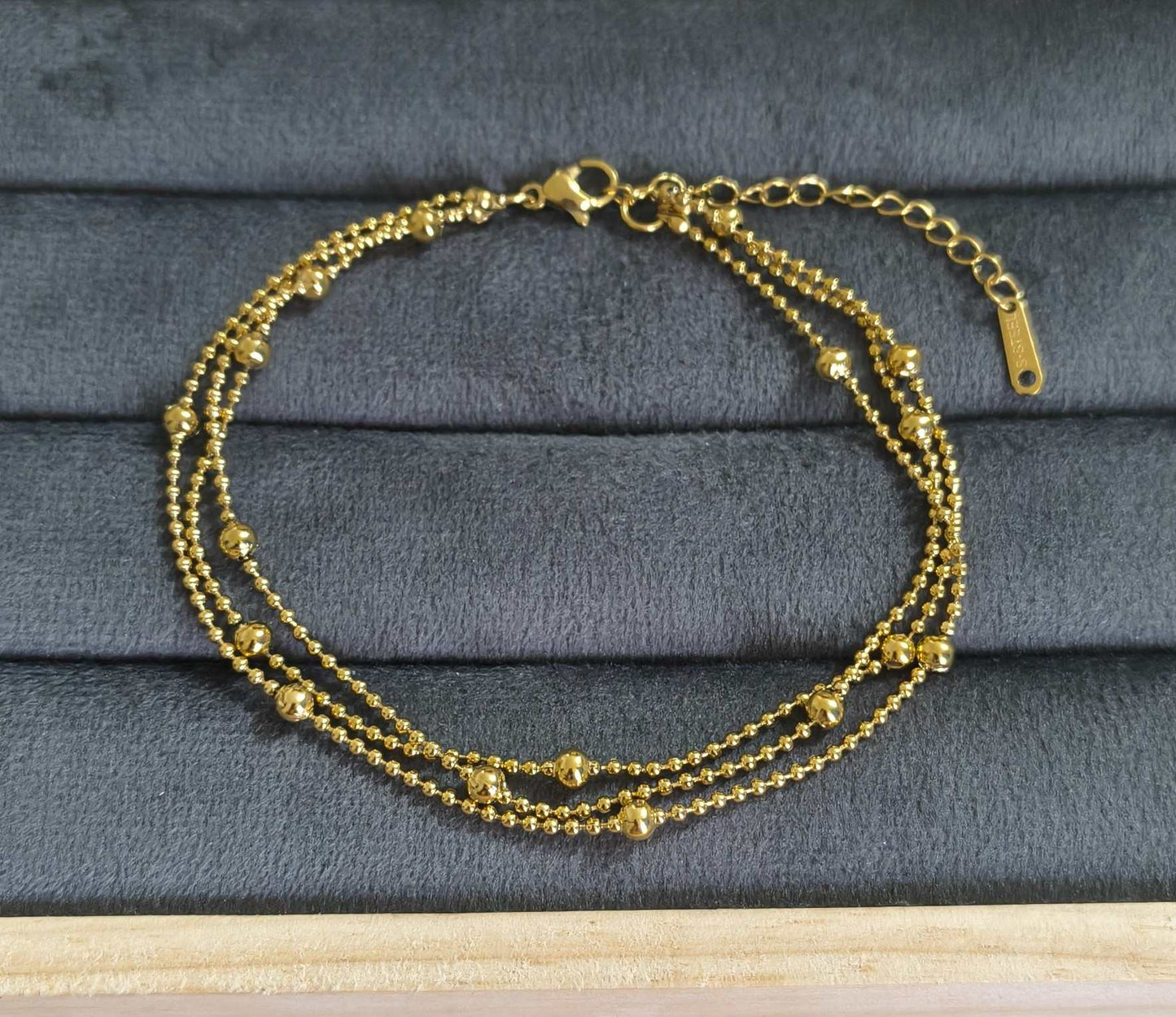 Anti Tarnish Anklet Layered Beads Chain 18K Gold Plated