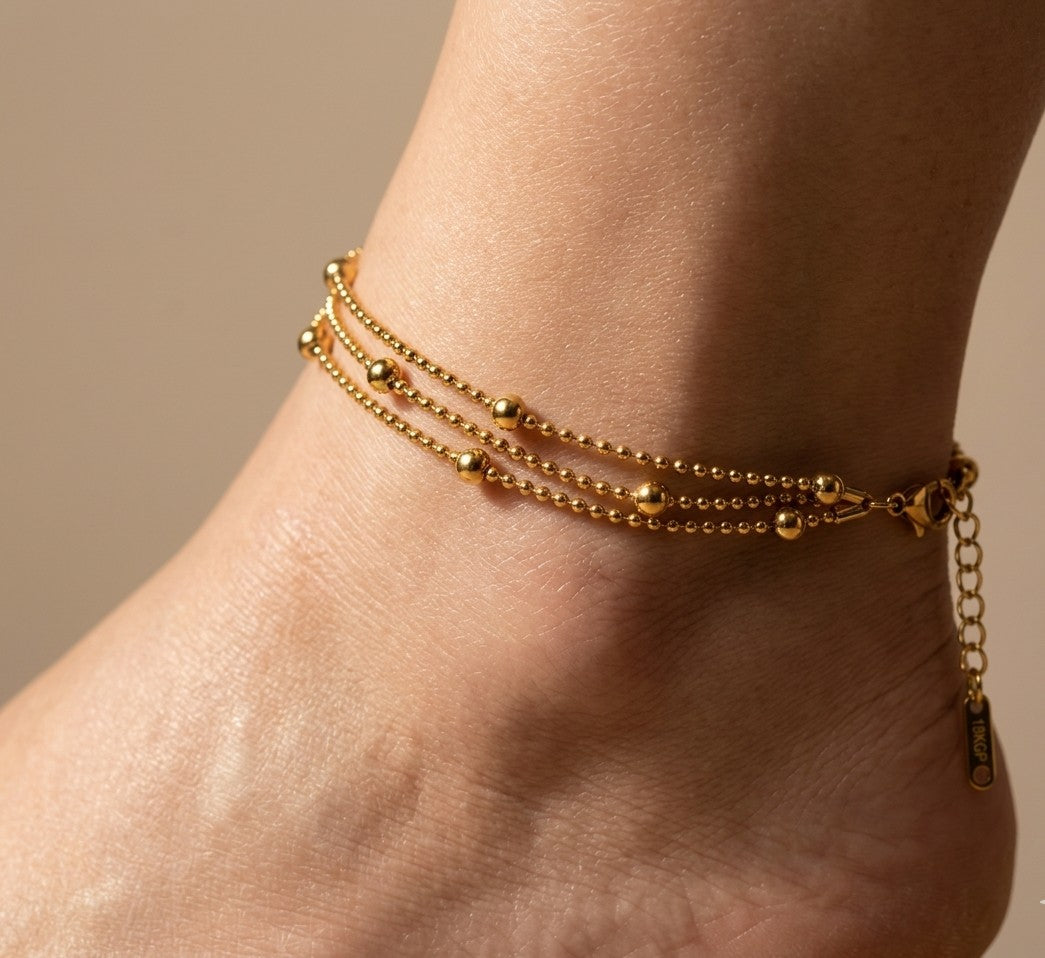 Anti Tarnish Anklet Layered Beads Chain 18K Gold Plated