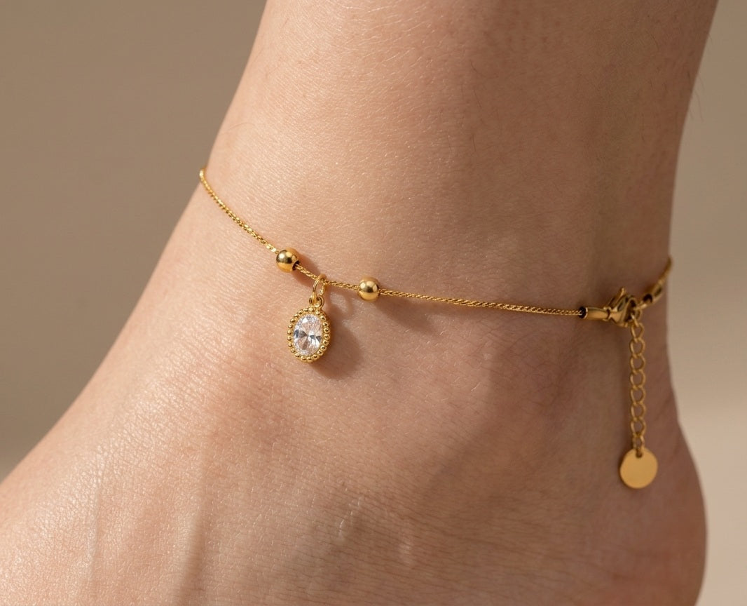 Anti Tarnish Anklet Oval Diamond Drop Charm 18K Gold Plated
