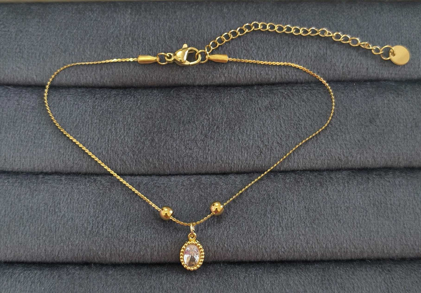 Anti Tarnish Anklet Oval Diamond Drop Charm 18K Gold Plated