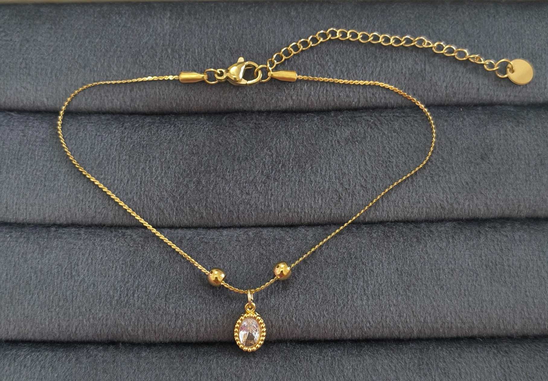 Anti Tarnish Anklet Oval Diamond Drop Charm 18K Gold Plated