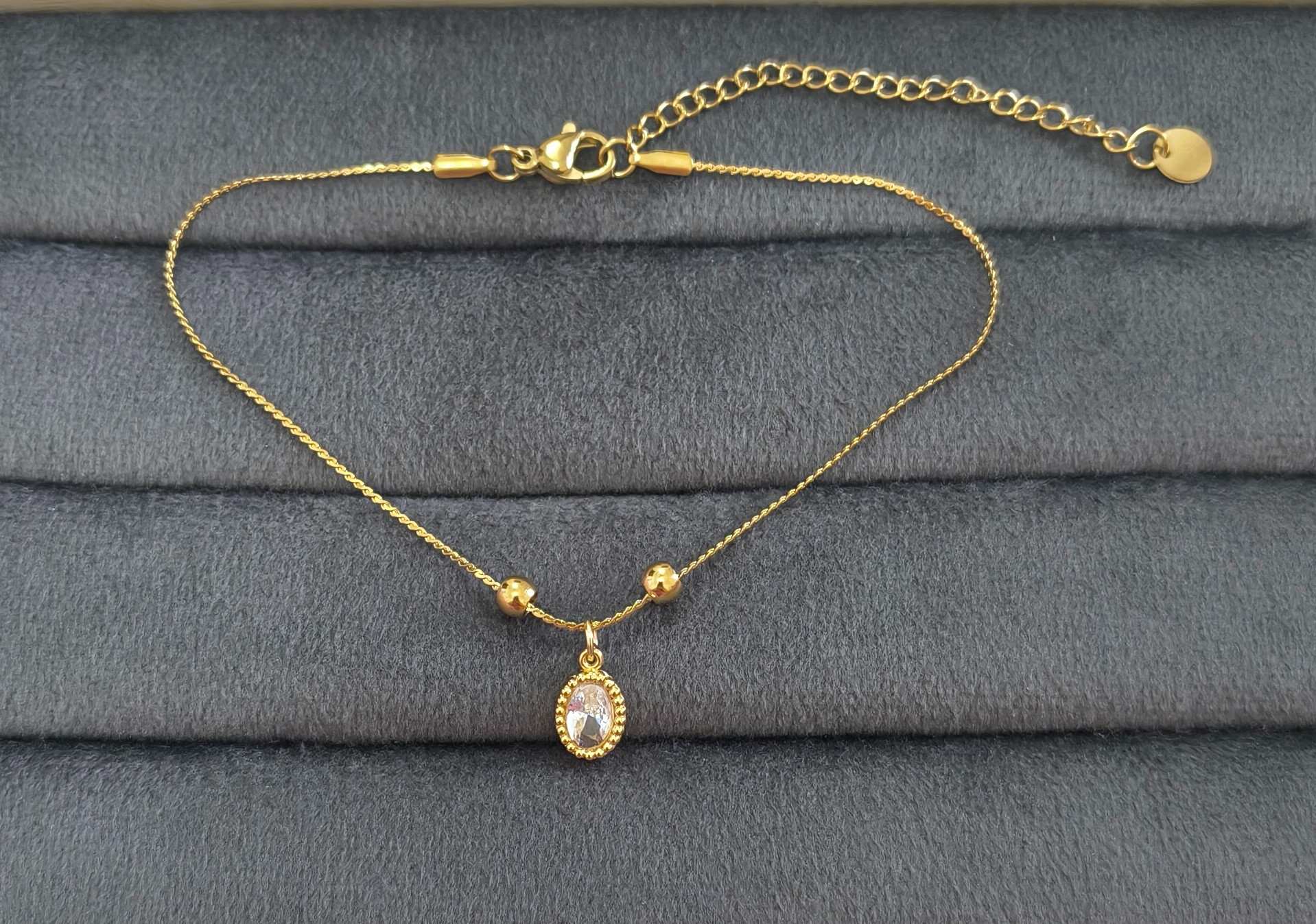Anti Tarnish Anklet Oval Diamond Drop Charm 18K Gold Plated