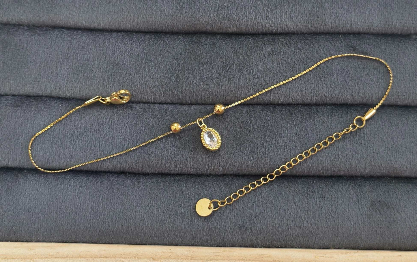 Anti Tarnish Anklet Oval Diamond Drop Charm 18K Gold Plated