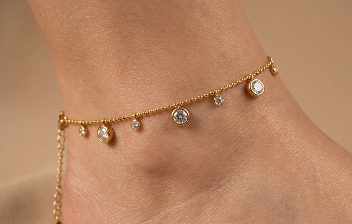 Anti Tarnish Anklet Round Crystal Charms 18K Gold Plated