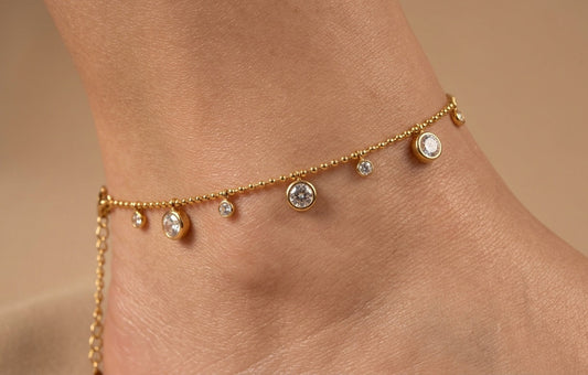Anti Tarnish Anklet Round Crystal Charms 18K Gold Plated