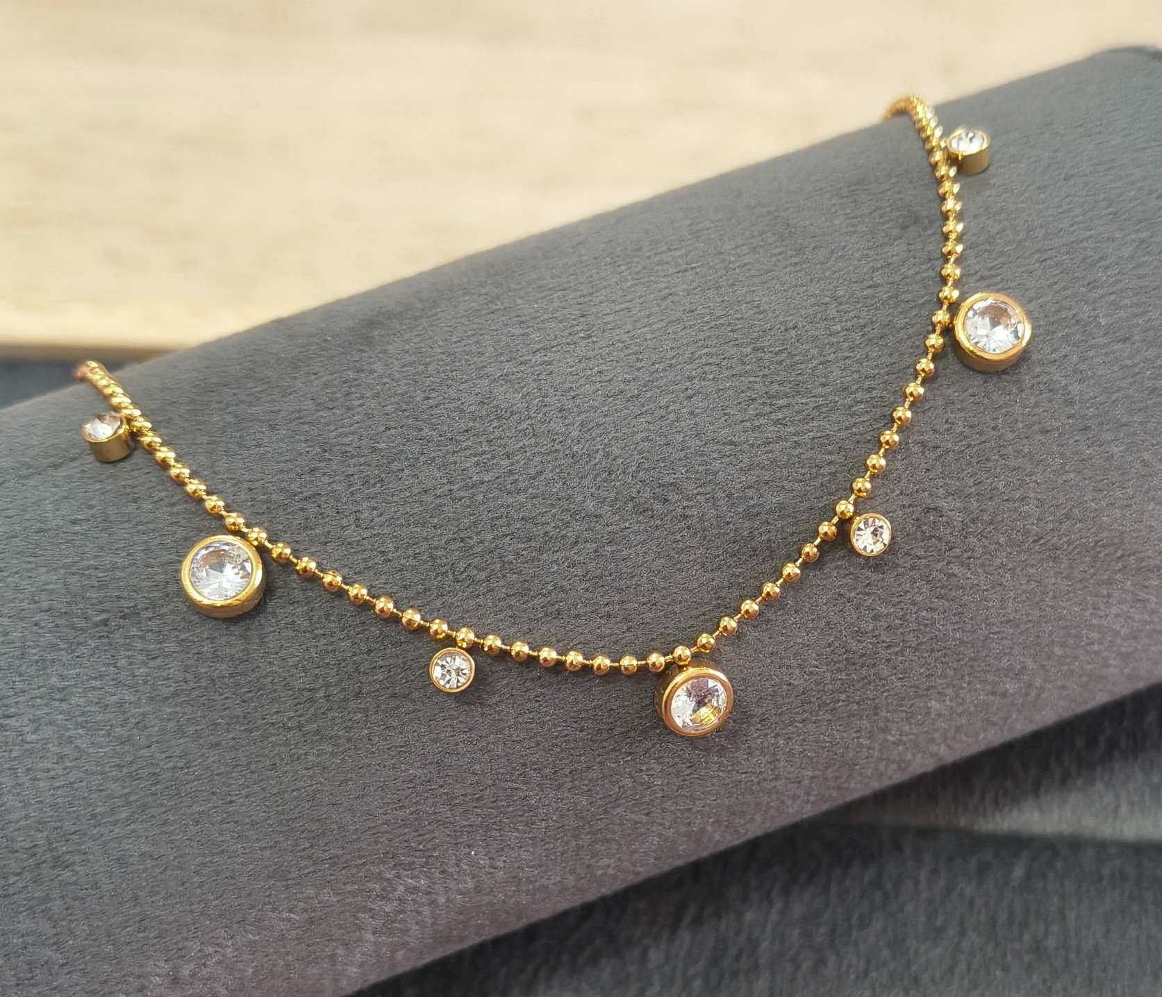 Anti Tarnish Anklet Round Crystal Charms 18K Gold Plated