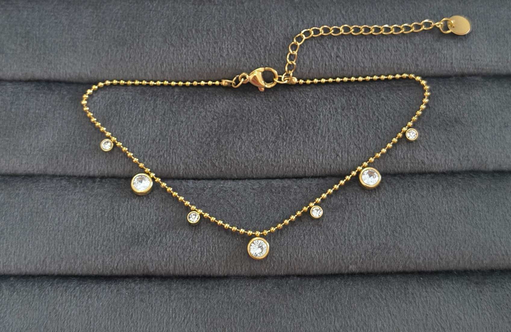 Anti Tarnish Anklet Round Crystal Charms 18K Gold Plated