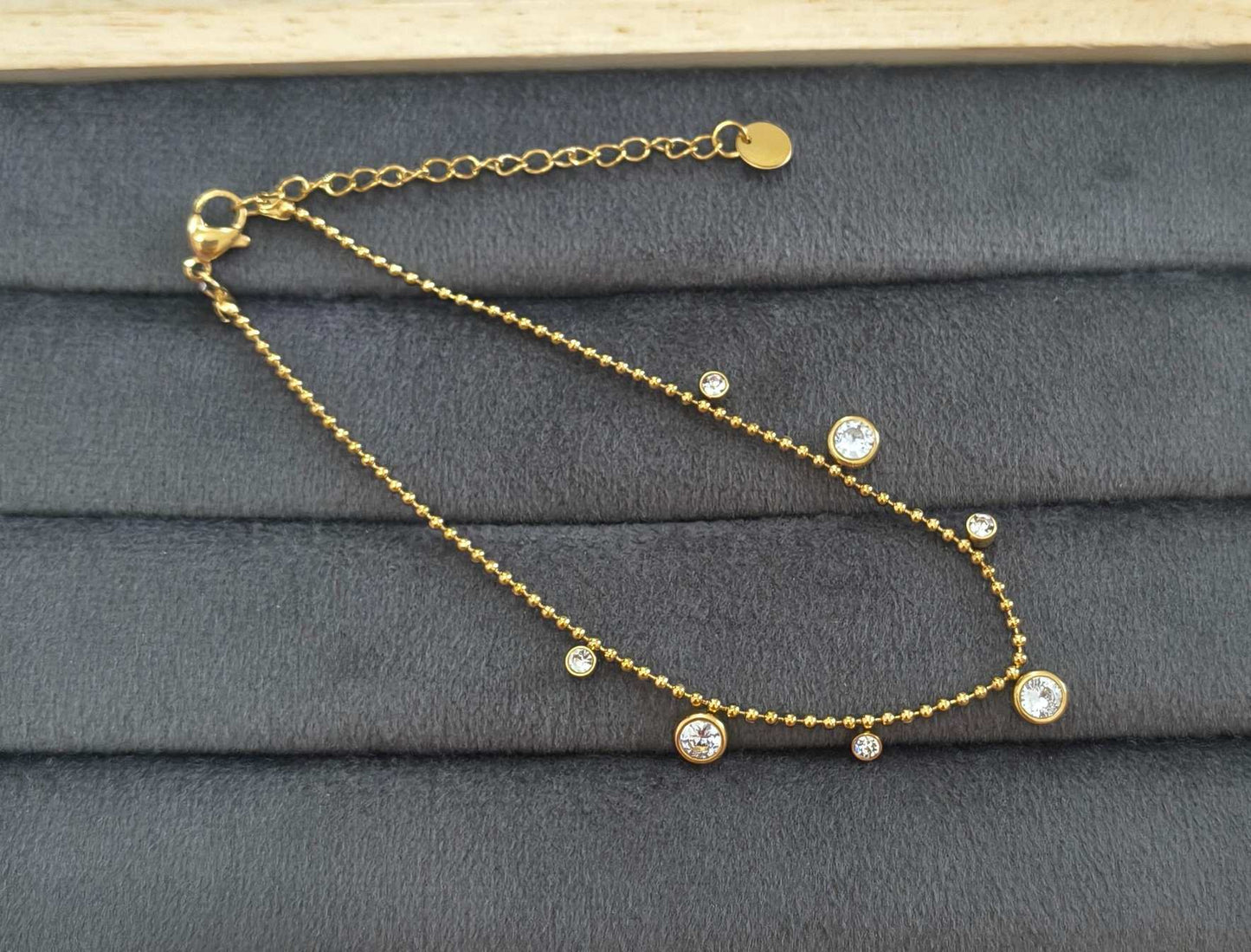 Anti Tarnish Anklet Round Crystal Charms 18K Gold Plated