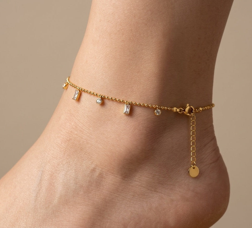 Anti Tarnish Anklet Square Crystal Charms 18K Gold Plated