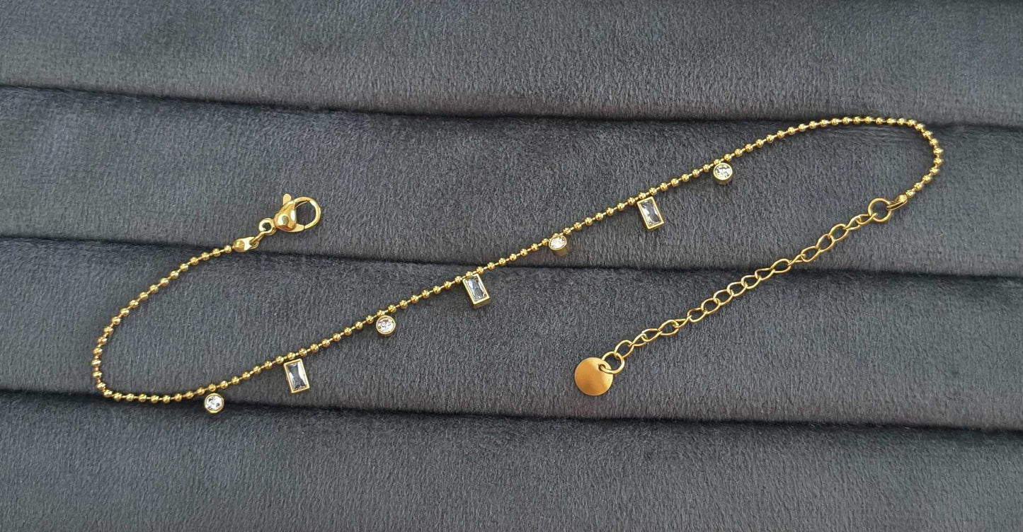 Anti Tarnish Anklet Square Crystal Charms 18K Gold Plated