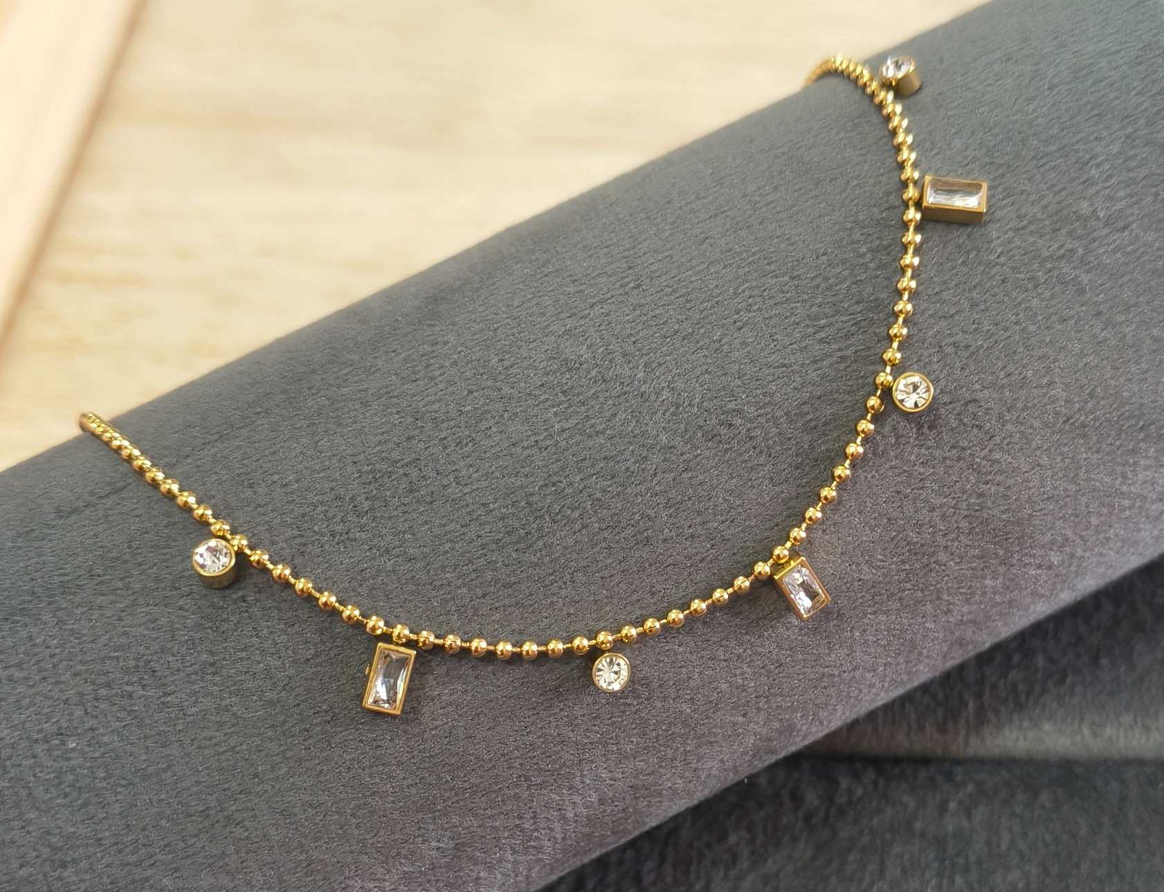 Anti Tarnish Anklet Square Crystal Charms 18K Gold Plated