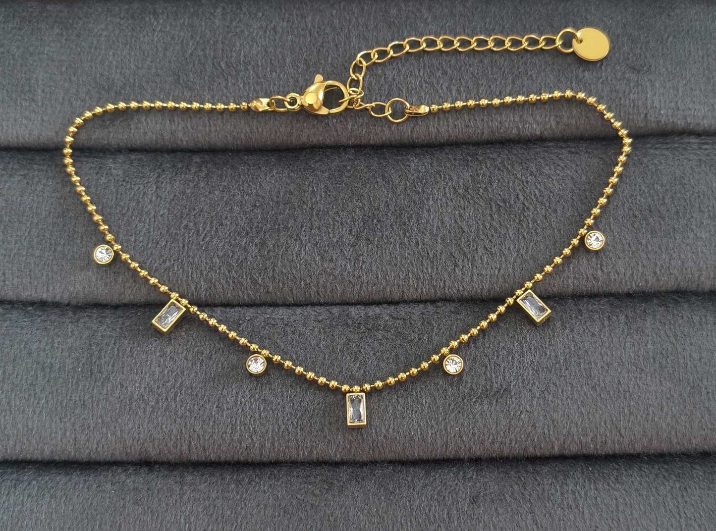 Anti Tarnish Anklet Square Crystal Charms 18K Gold Plated