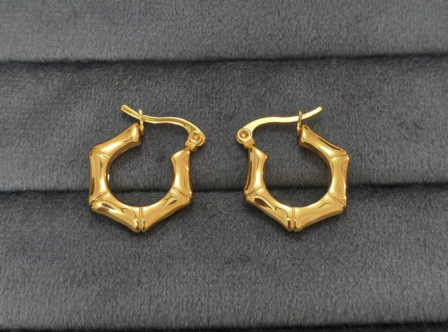 Anti Tarnish Bamboo Style Hoop Earrings 18K Gold Plated