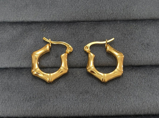 Anti Tarnish Bamboo Style Hoop Earrings 18K Gold Plated