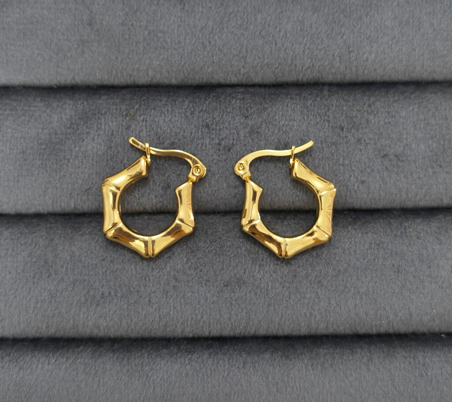 Anti Tarnish Bamboo Style Hoop Earrings 18K Gold Plated