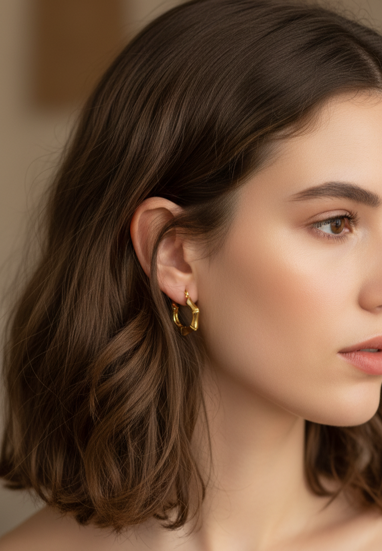 Anti Tarnish Bamboo Style Hoop Earrings 18K Gold Plated