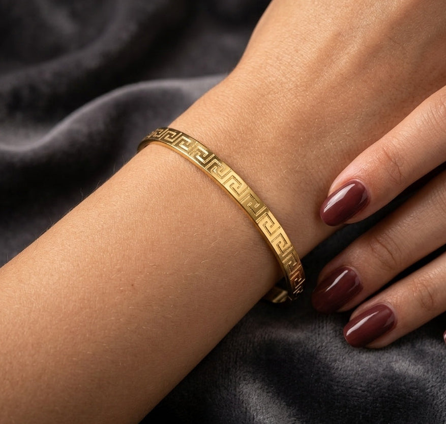 Anti Tarnish Bangle Greek Pattern 18K Gold Plated