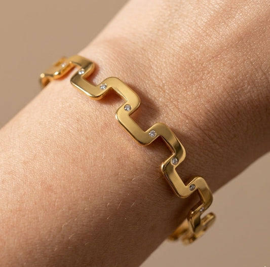 Anti Tarnish Bangle Shiny Square Link Style 18K Gold Plated