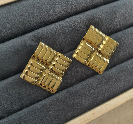 Anti Tarnish Big Golden Square Maze Gold Stud Earrings 18k