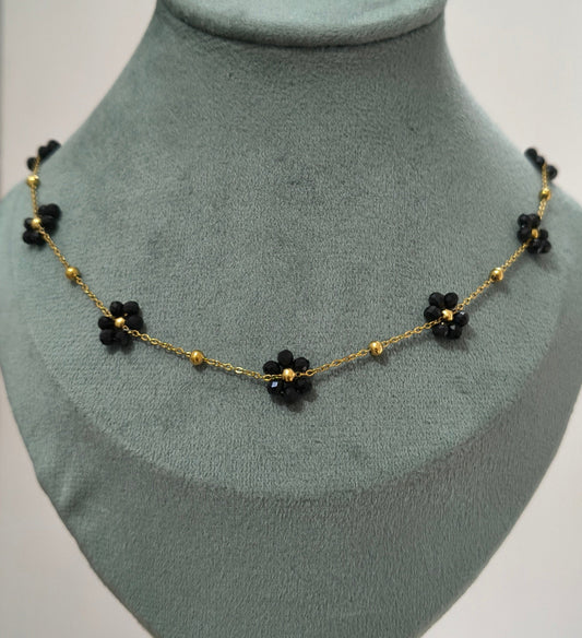 Anti Tarnish Black Beads Floral Necklace 18K Gold Plated