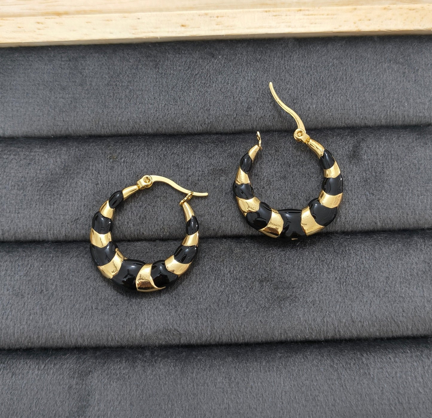 Anti Tarnish Black Enamel Hoop Earrings 18K Gold Plated