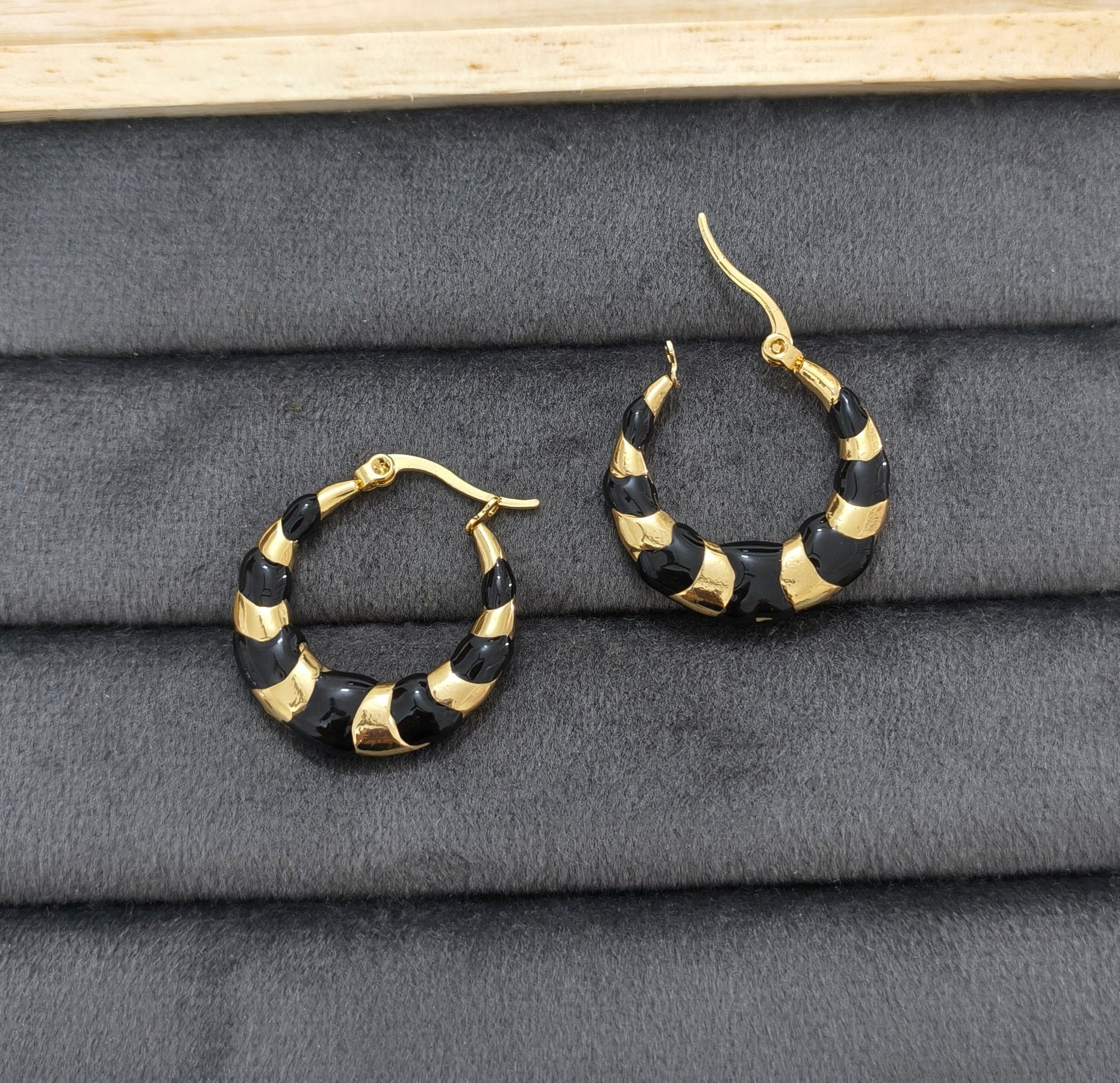 Anti Tarnish Black Enamel Hoop Earrings 18K Gold Plated