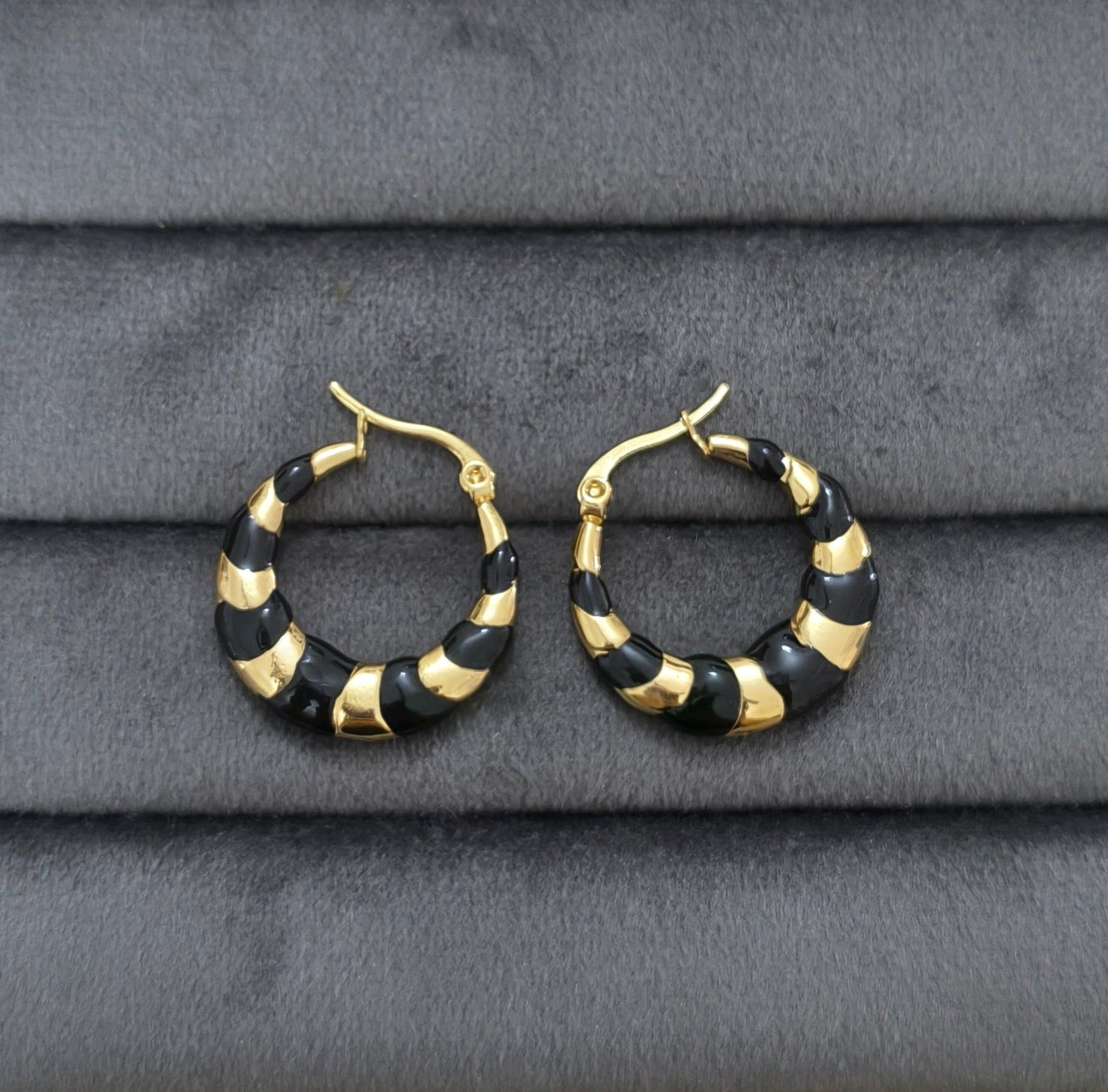 Anti Tarnish Black Enamel Hoop Earrings 18K Gold Plated
