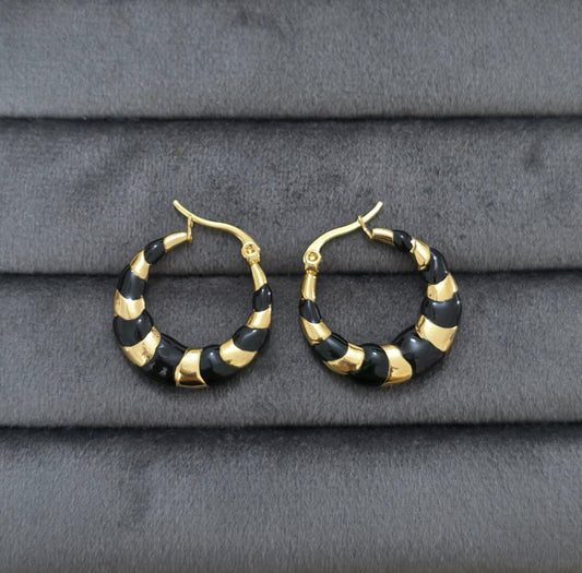 Anti Tarnish Black Enamel Hoop Earrings 18K Gold Plated
