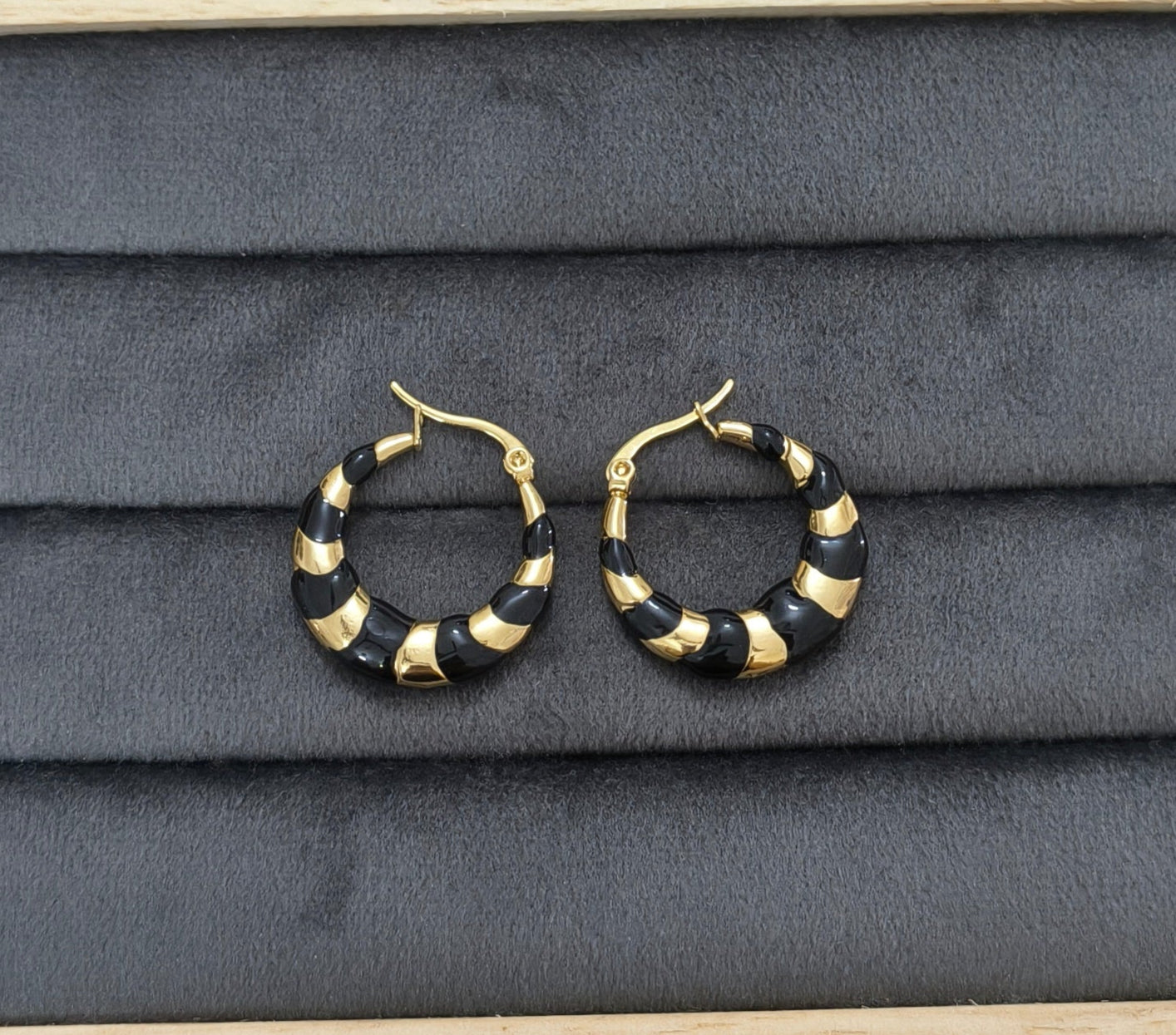 Anti Tarnish Black Enamel Hoop Earrings 18K Gold Plated