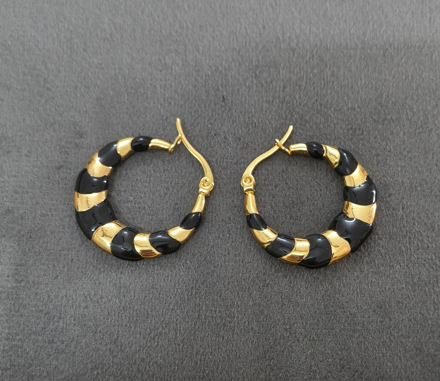 Anti Tarnish Black Enamel Hoop Earrings 18K Gold Plated