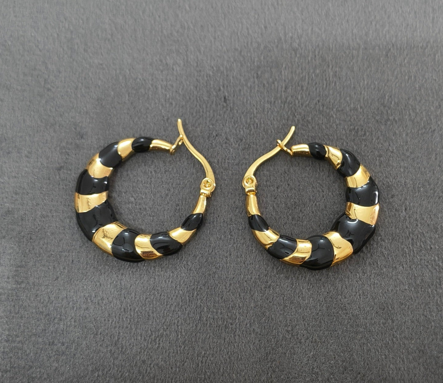 Anti Tarnish Black Enamel Hoop Earrings 18K Gold Plated