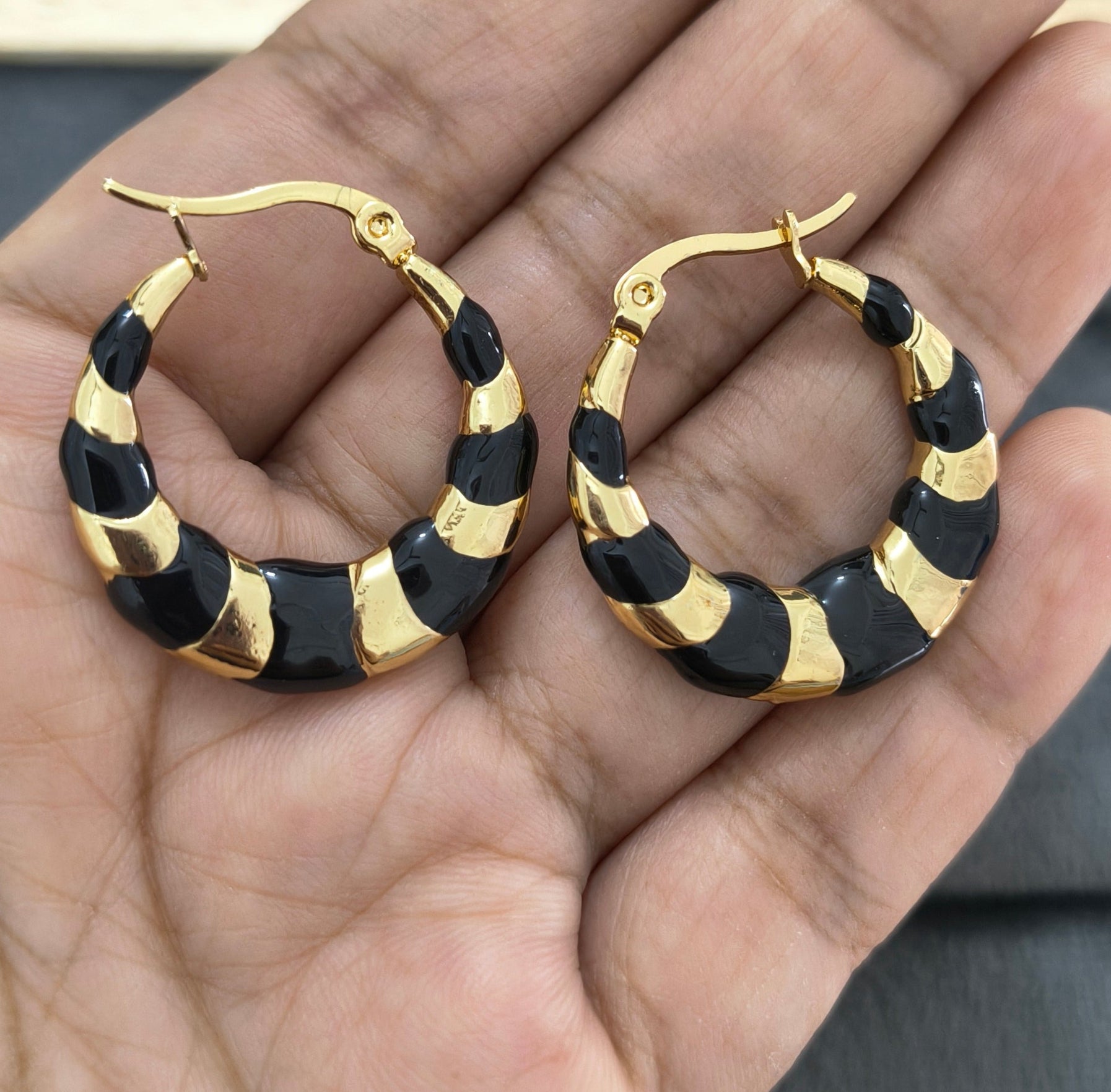 Anti Tarnish Black Enamel Hoop Earrings 18K Gold Plated