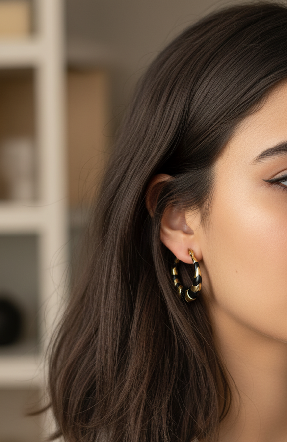 Anti Tarnish Black Enamel Hoop Earrings 18K Gold Plated