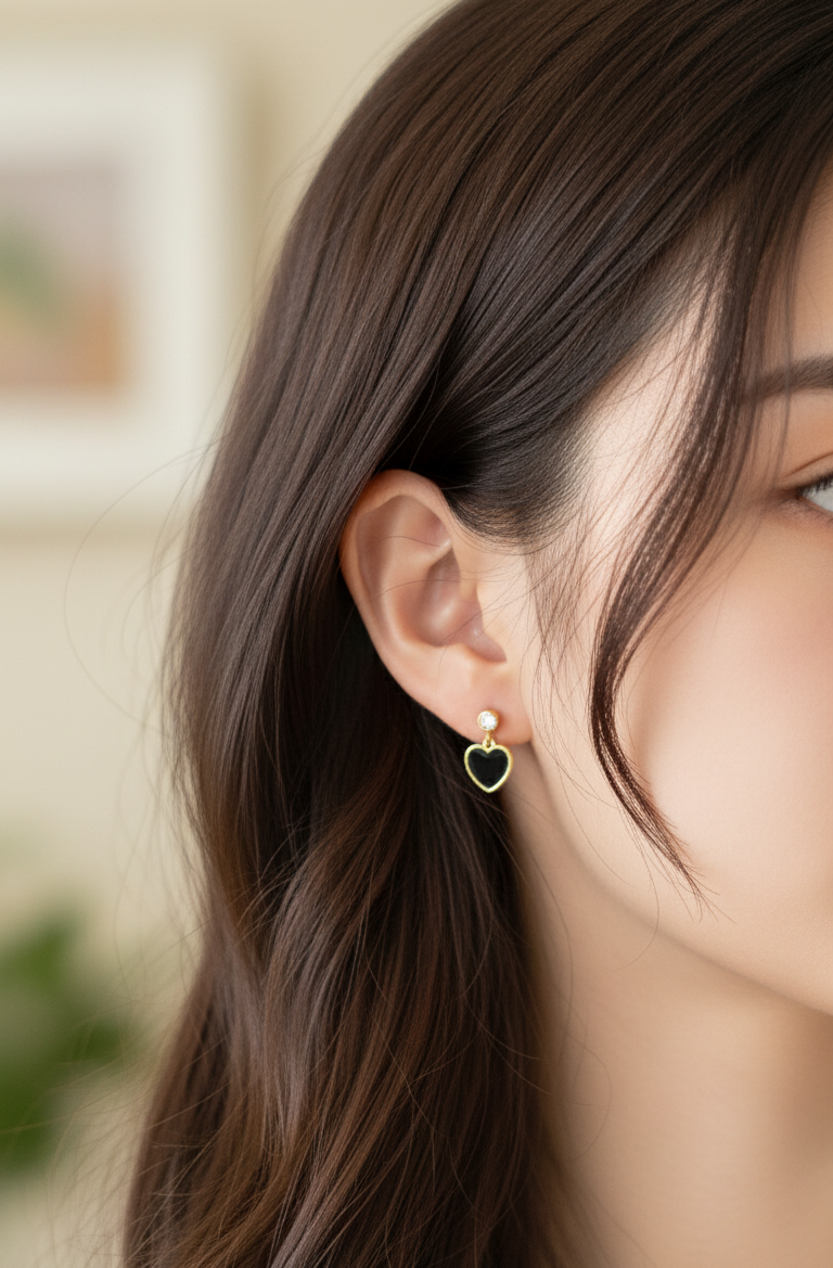 Anti Tarnish Black Heart Drop Earrings 18K Gold Plated