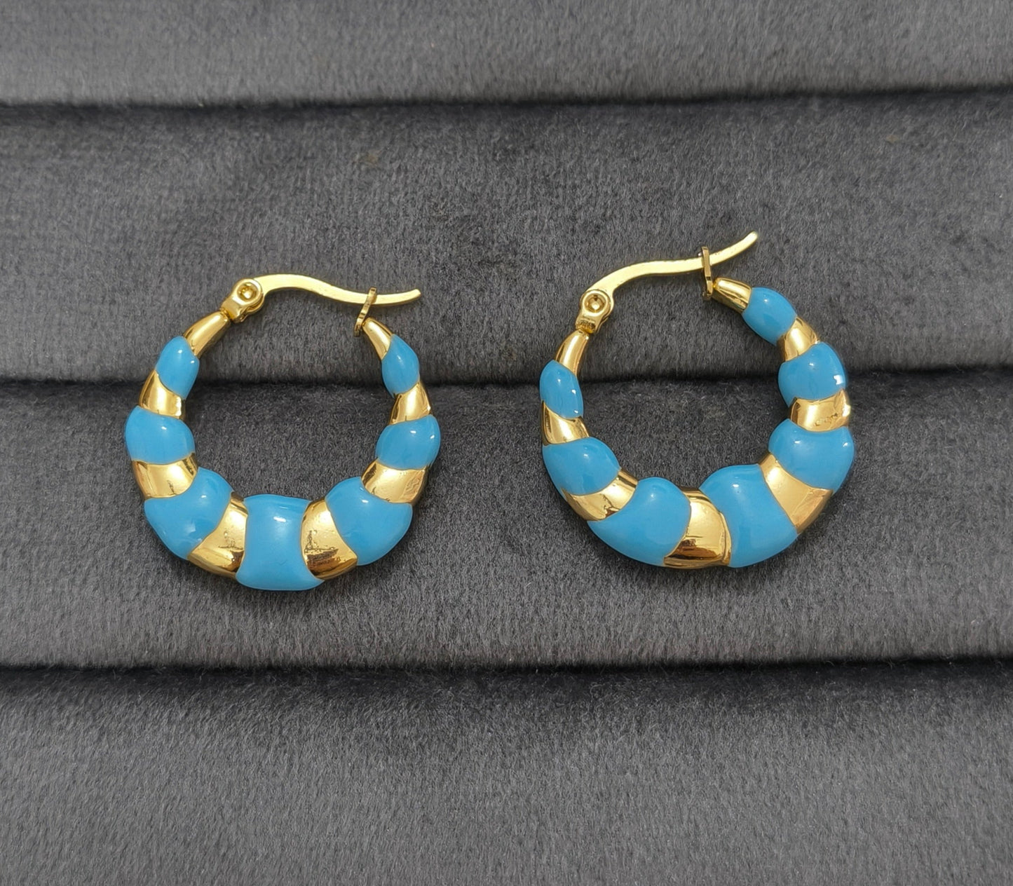 Anti Tarnish Blue Enamel Hoop Earrings 18K Gold Plated