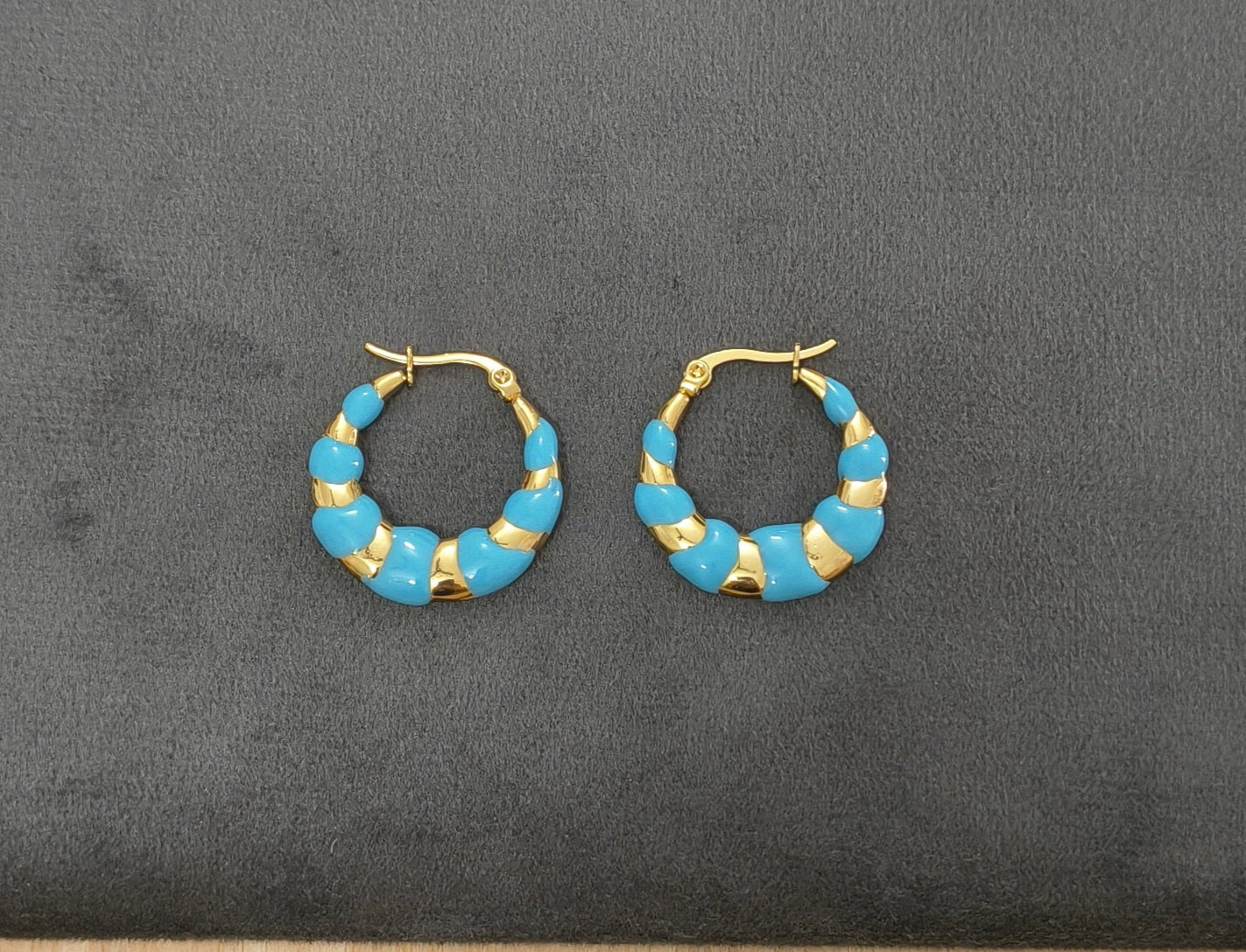 Anti Tarnish Blue Enamel Hoop Earrings 18K Gold Plated