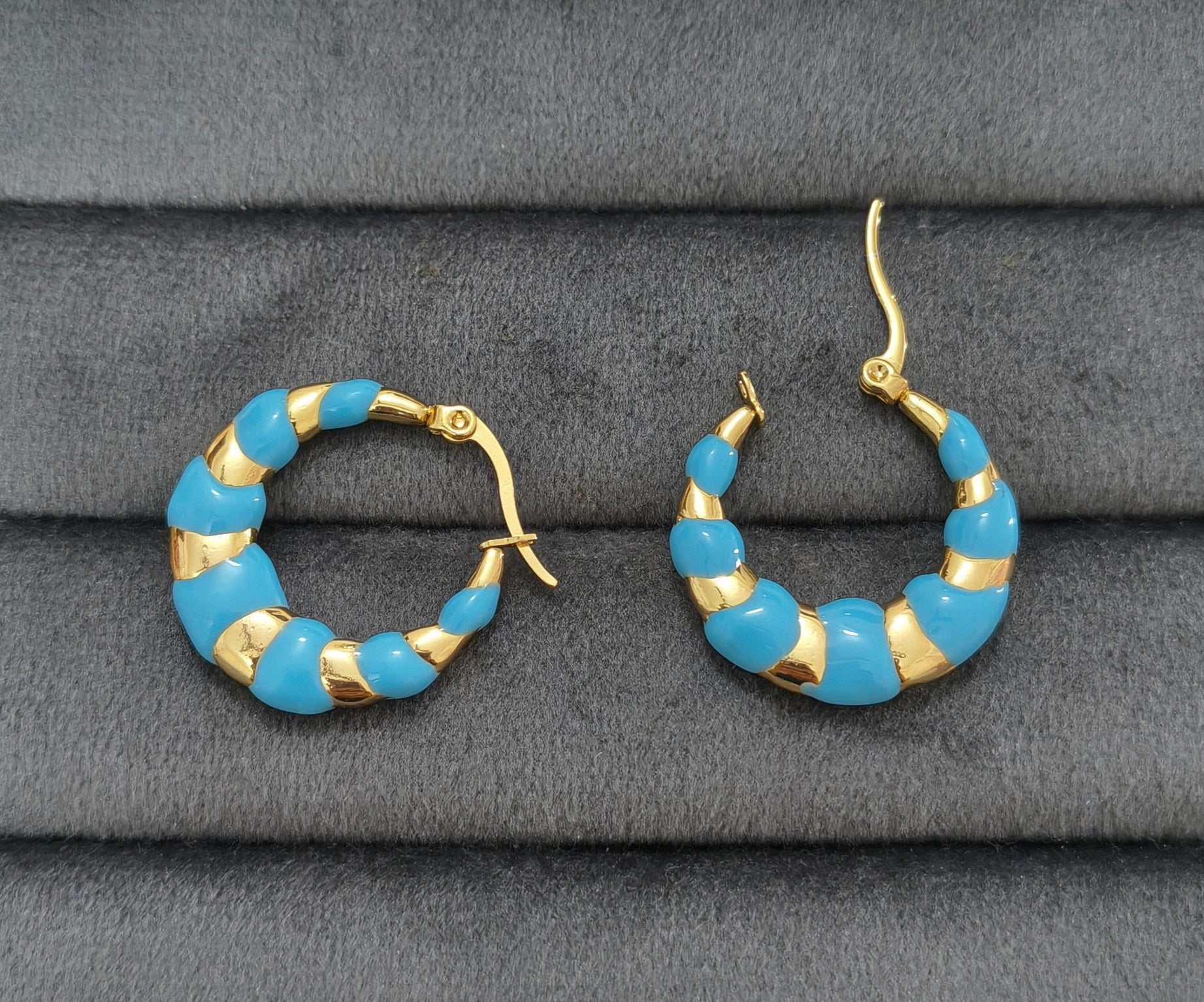 Anti Tarnish Blue Enamel Hoop Earrings 18K Gold Plated