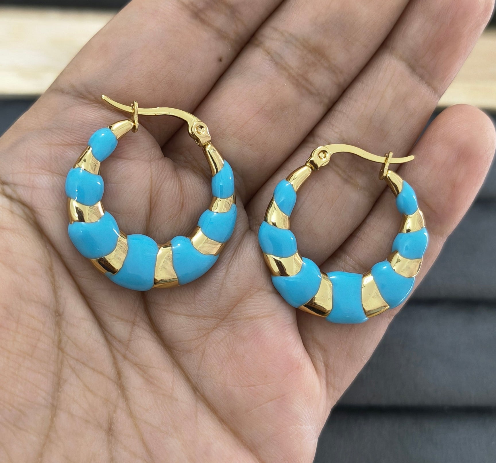 Anti Tarnish Blue Enamel Hoop Earrings 18K Gold Plated