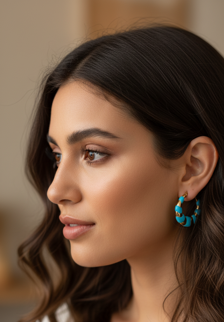 Anti Tarnish Blue Enamel Hoop Earrings 18K Gold Plated