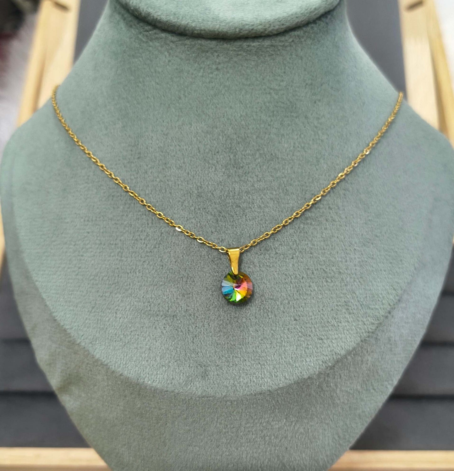 Anti Tarnish Blue Green Diamond Necklace 18K Gold Plated