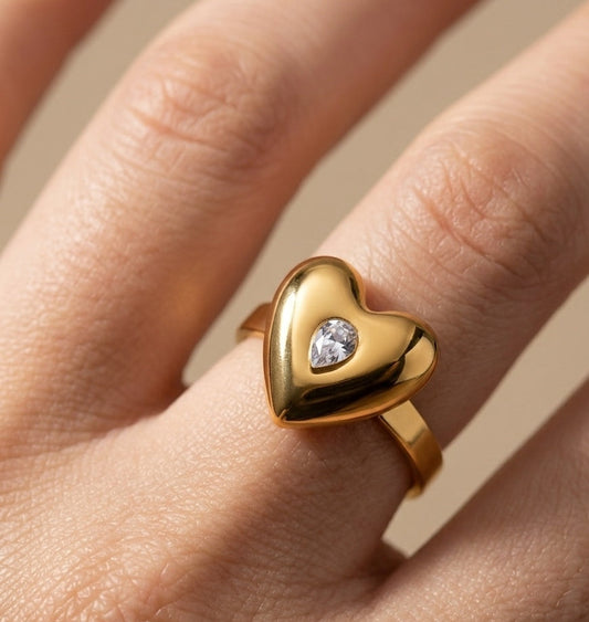 Anti Tarnish Bold Heart Ring With Diamond 18K Gold Plated
