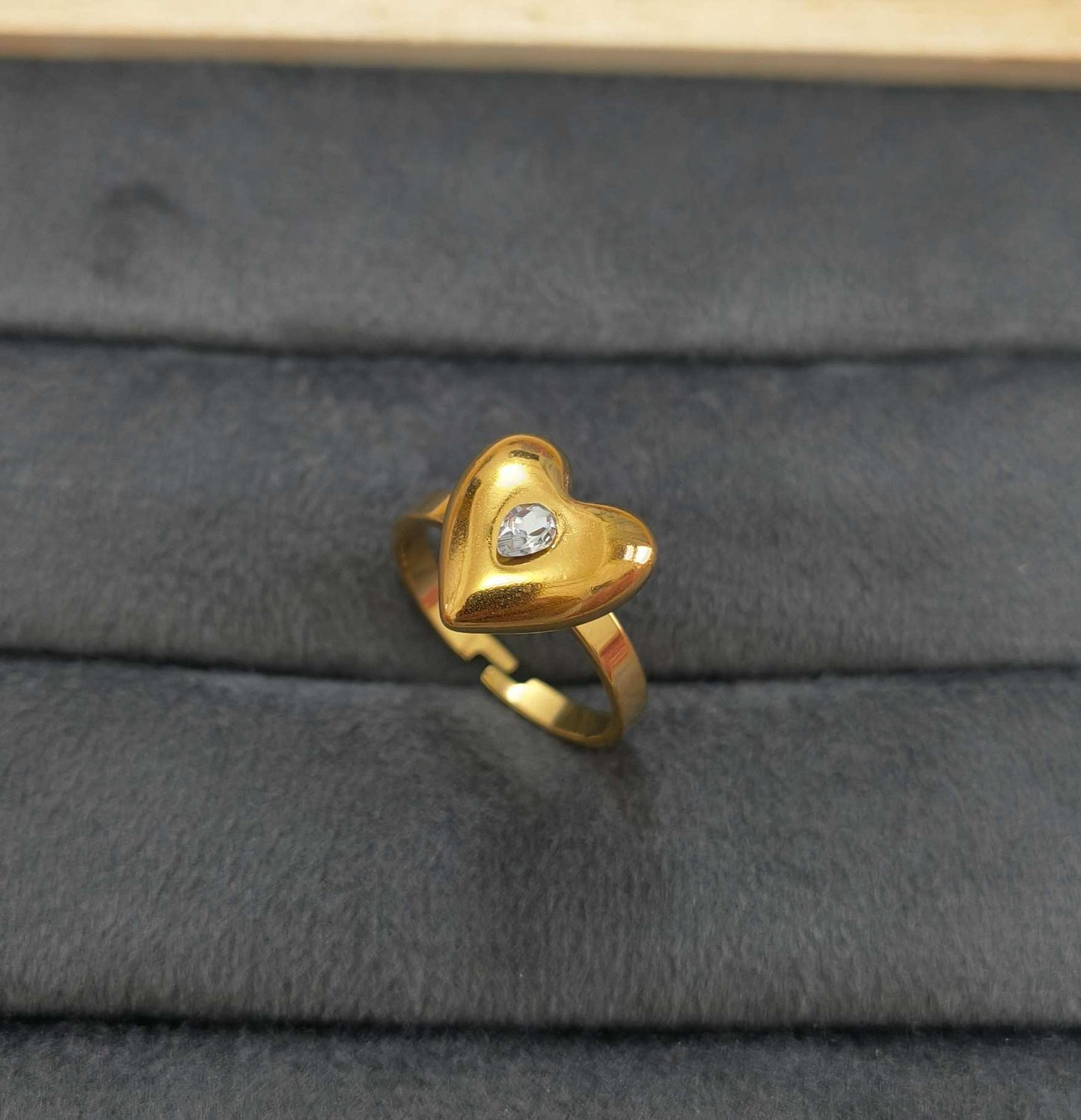 Anti Tarnish Bold Heart Ring With Diamond 18K Gold Plated