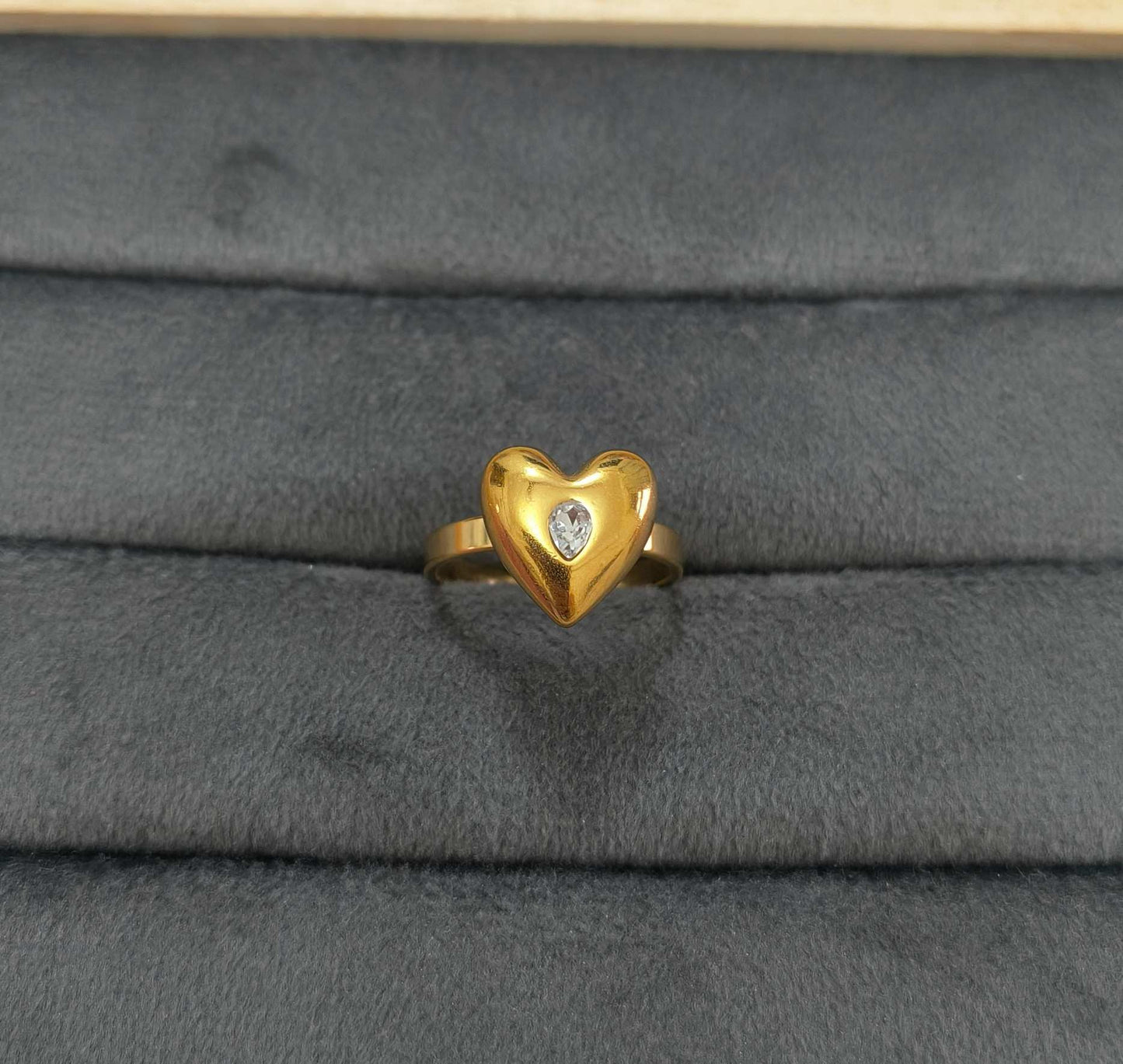 Anti Tarnish Bold Heart Ring With Diamond 18K Gold Plated