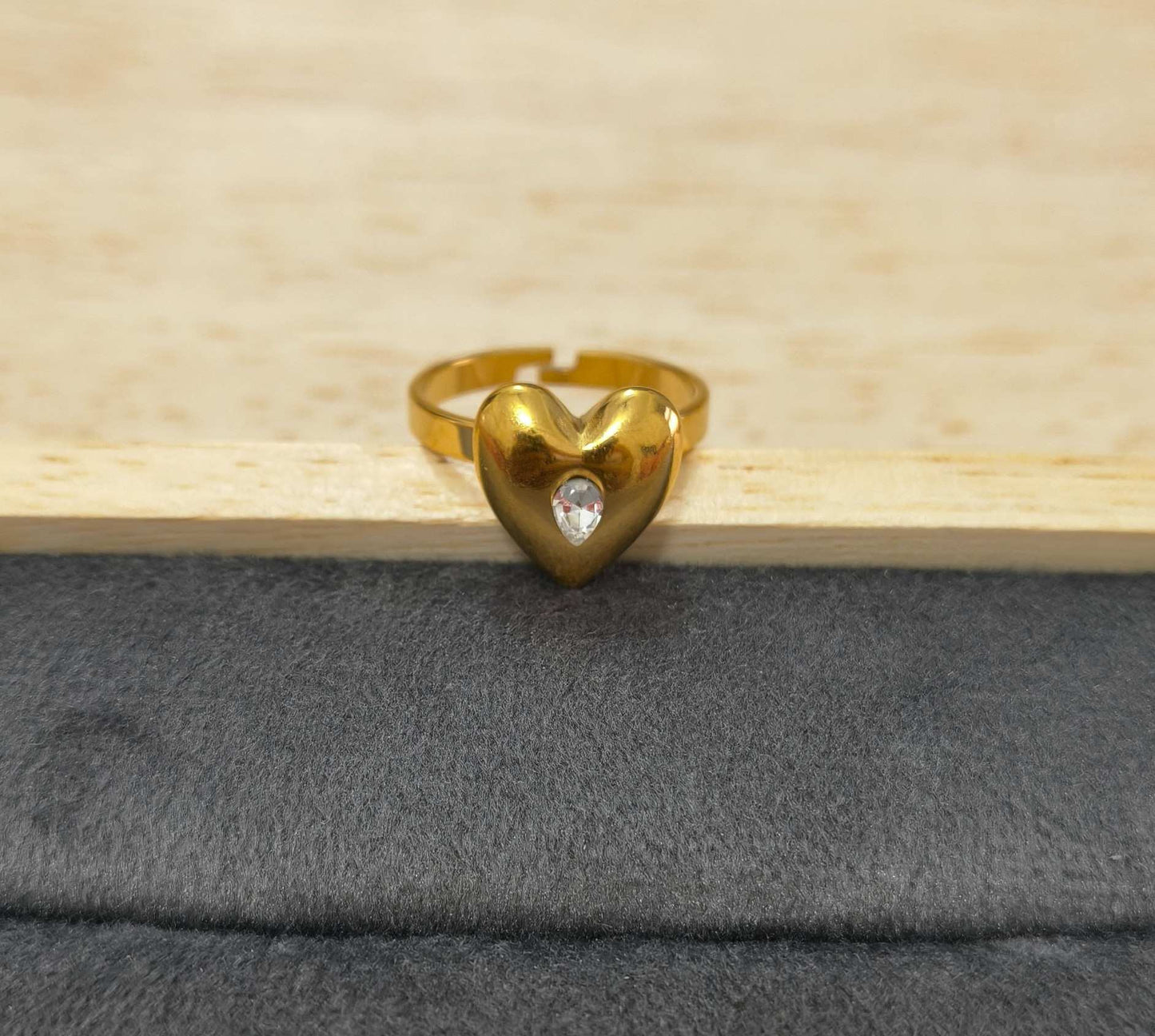 Anti Tarnish Bold Heart Ring With Diamond 18K Gold Plated