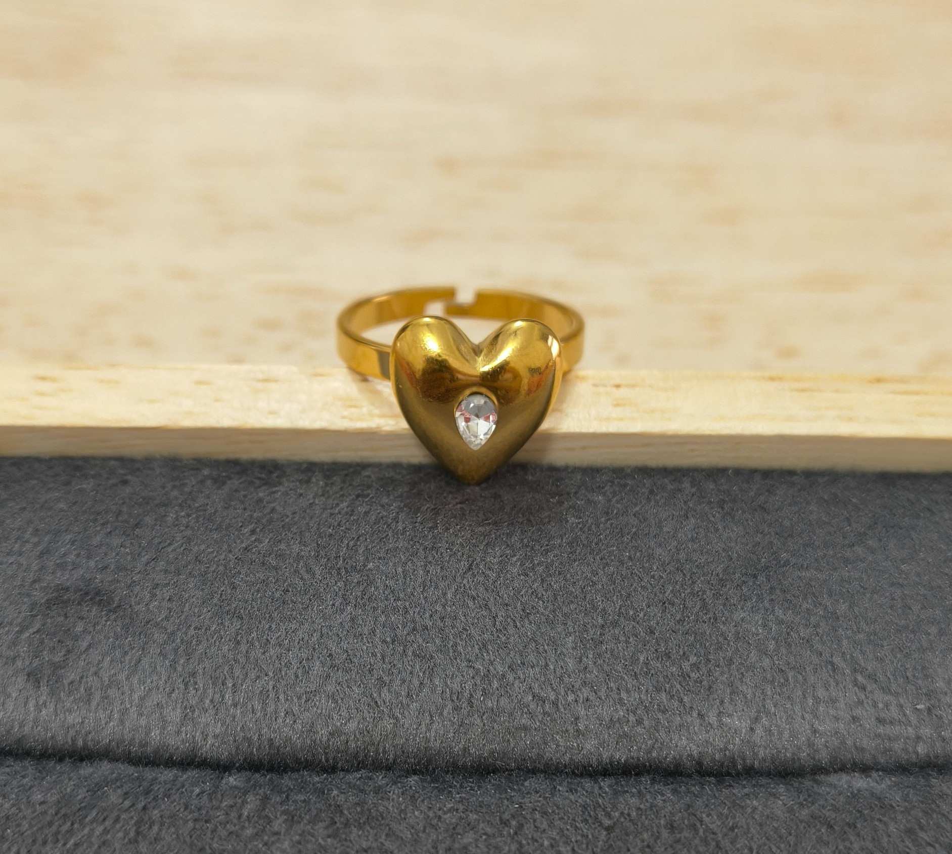 Anti Tarnish Bold Heart Ring With Diamond 18K Gold Plated